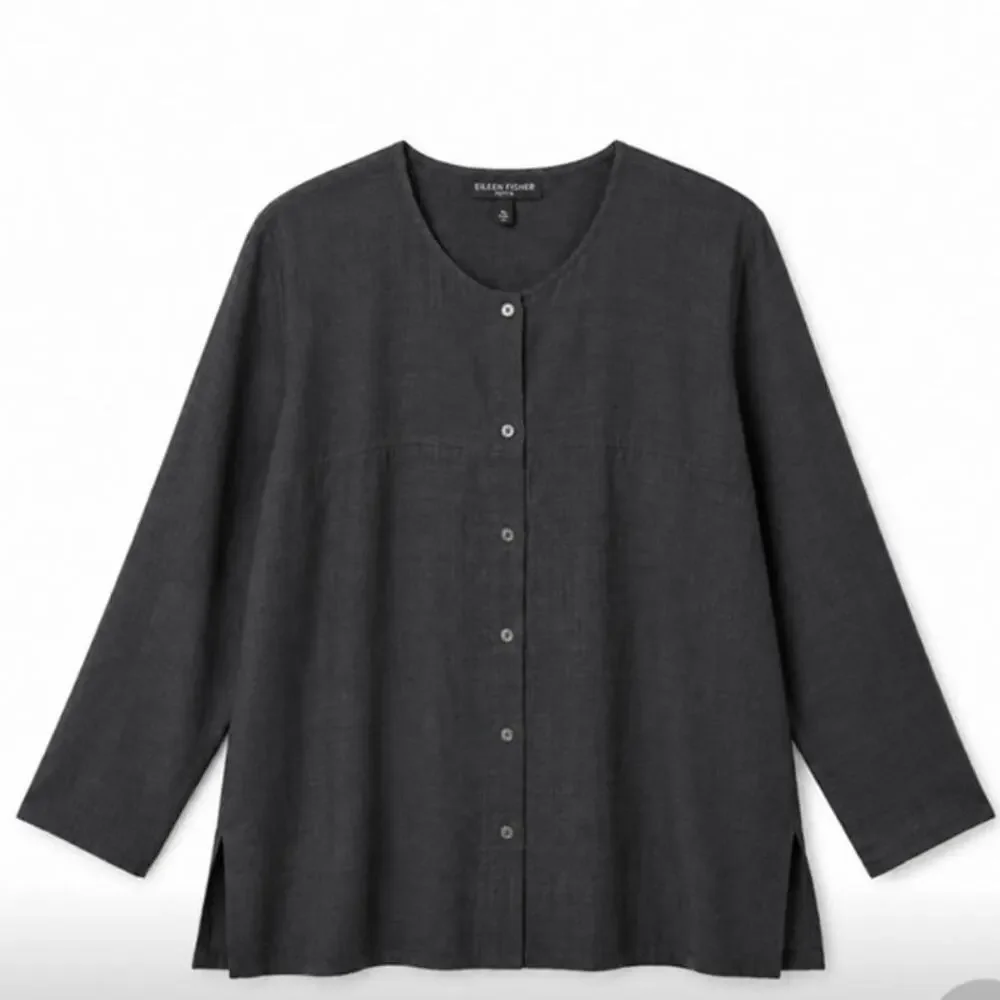 Eileen Fisher Petite Black Button Front Tunic Top PL Long Sleeve Linen Blend - Picture 2 of 4